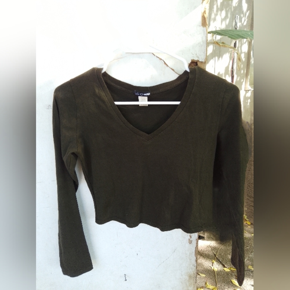 Fashion Nova, XXS, Solid Olive Green long sleeve crop top